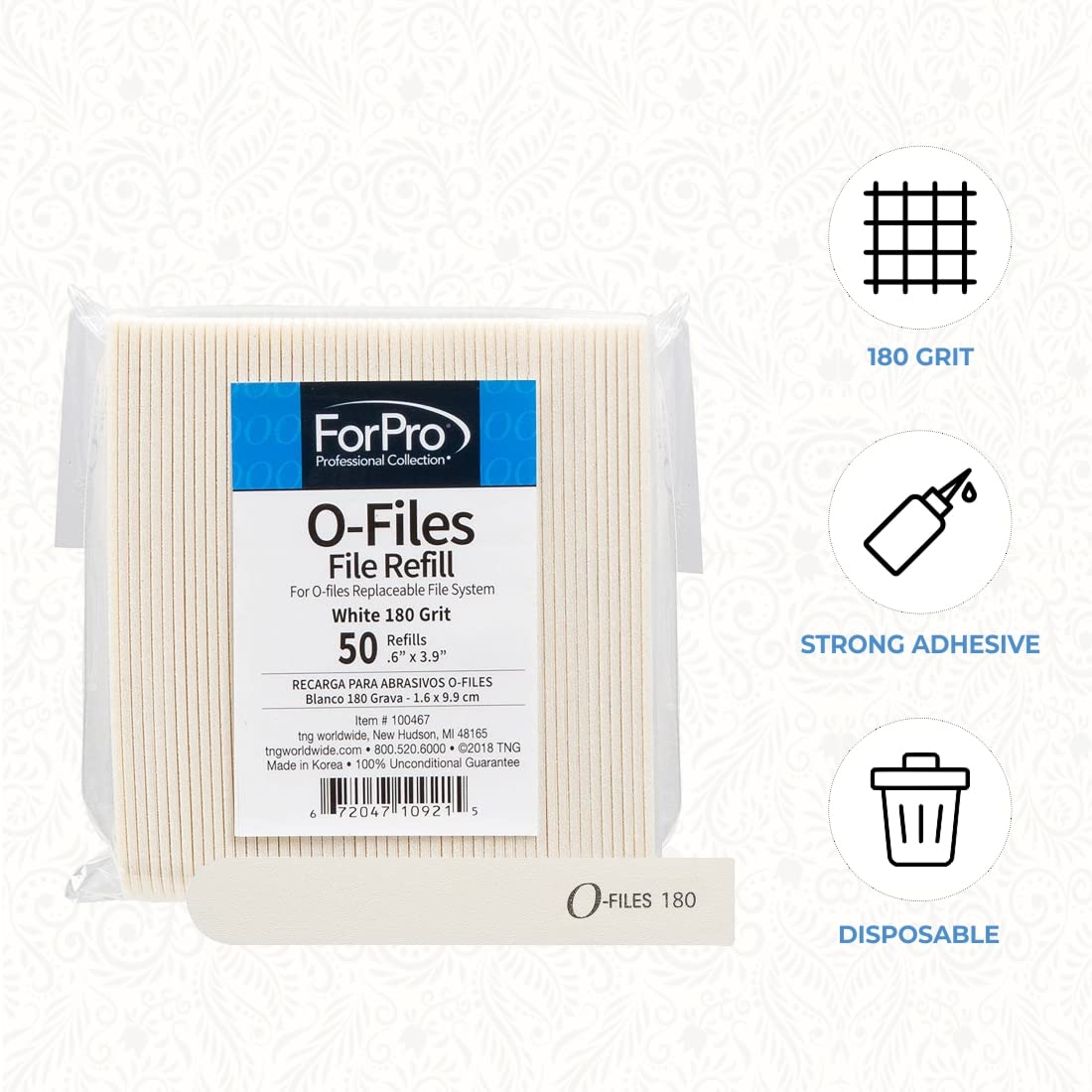 ForPro Professional Collection O-Files Replaceable File System, 180 Grit, Manicure Nail File Refills, 3.9” L x .6“ W, White, 50-Count Beauty & Personal Care ForPro Professional Collection