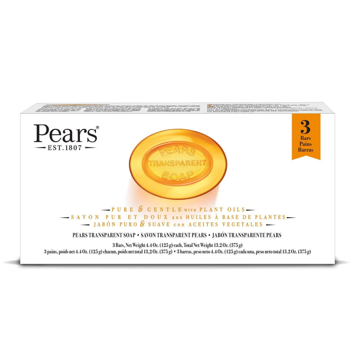 Pears Glycerin Soap, Transparent Amber Value Pack - Pure & Gentle Cleanser with Natural Oils, 3 Bars, 4.4 Oz Ea Beauty & Personal Care Pears