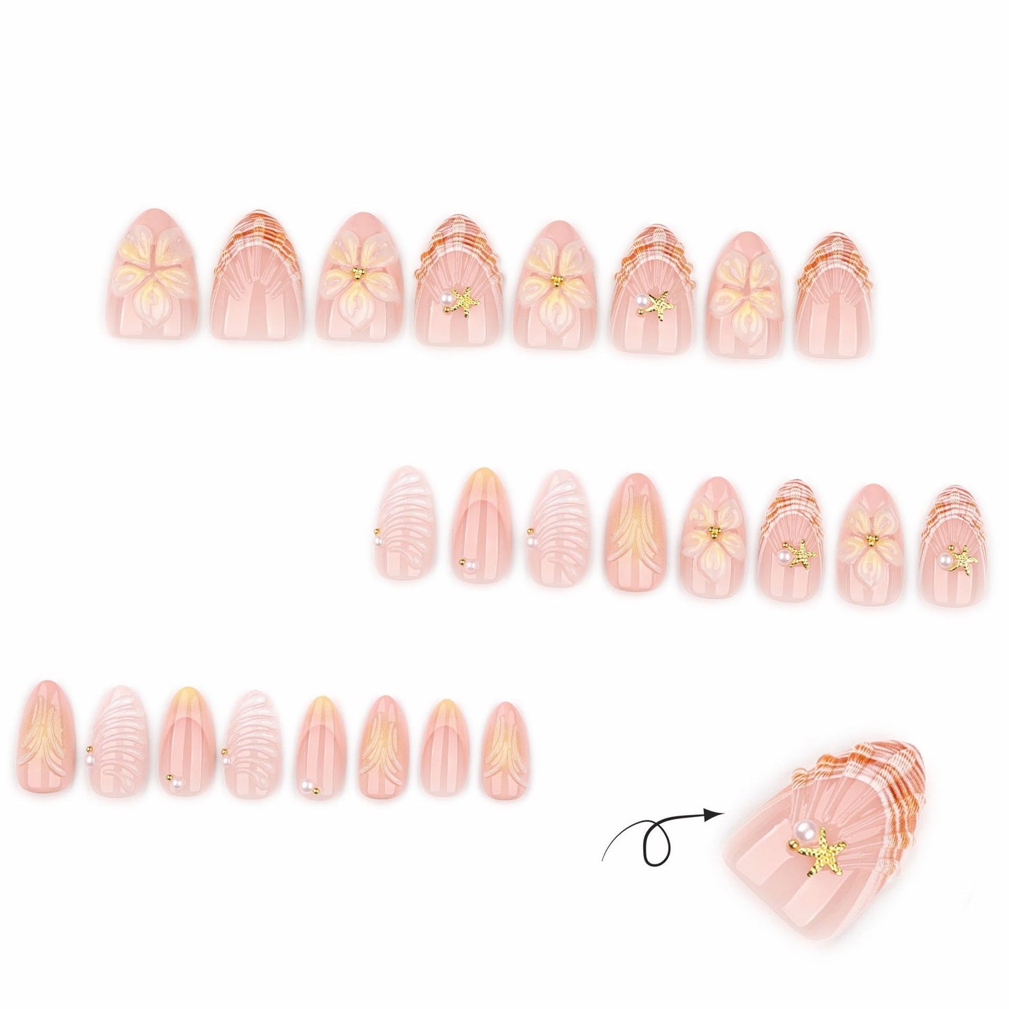 CTTHNBD Almond Press on Nails Short - Summer Fake Nails with Shell Starfish Design - French Tip, Flower False Nails for Women - 24 Pcs Beauty and Personal Care CTTHNBD