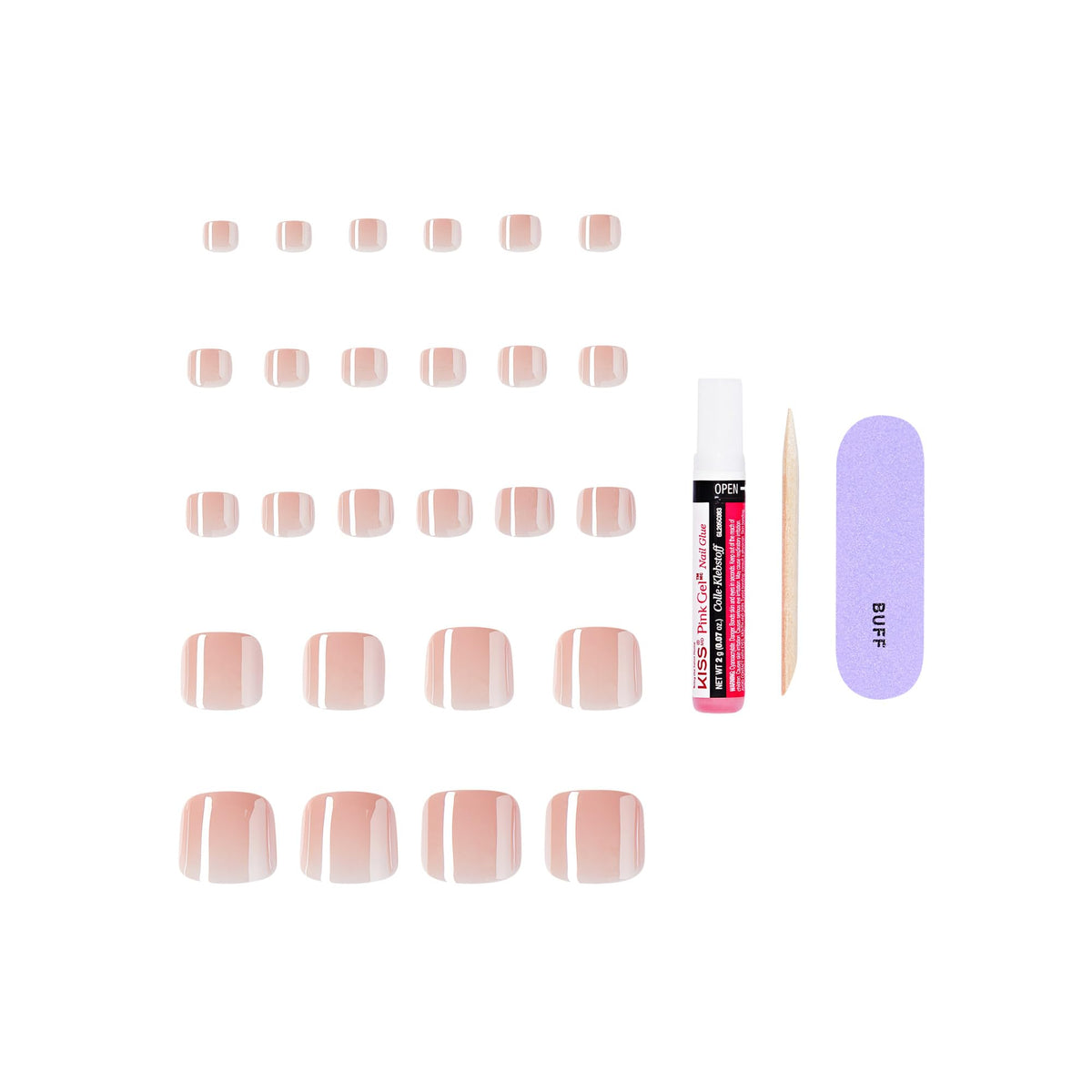 Kiss Core, Press On Nails, Nail glue included, 'Toe-tally Glam', Pink, Short Size, Squoval Shape, Includes 26 Toenails, 2g Glue, 1 Manicure Stick, 1