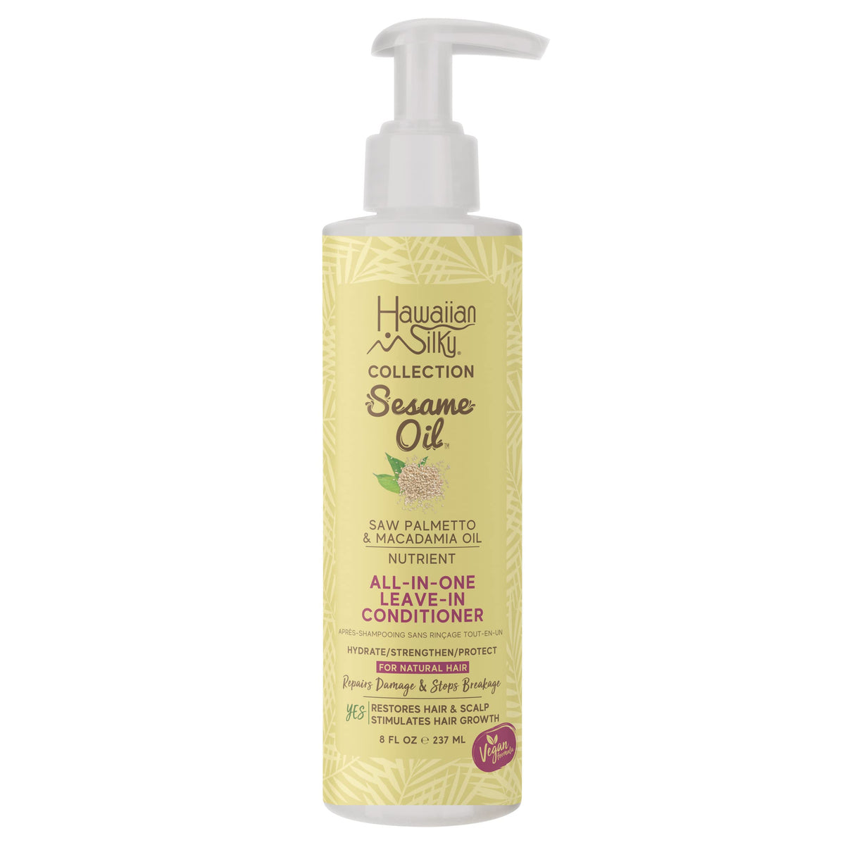 Hawaiian Silky Vegan Sesame Oil All-In-One Nutrient Leave-In-Conditioner with Saw Palmetto & Macadamia Oil 8 FL OZ - Hydrate, Strengthen & Protect for