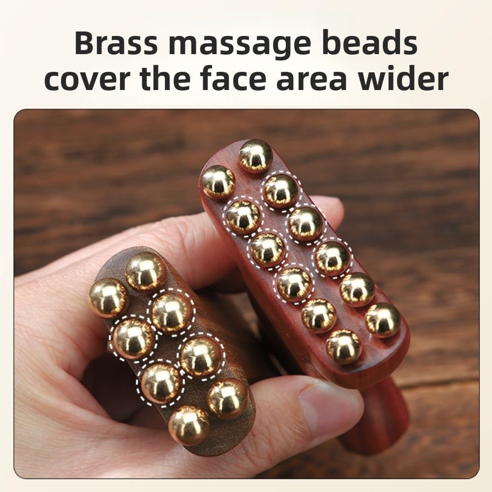 Brass Gua Sha Massage Tool for Face Lifting, Anti-Aging, Jawline Definition, Nasolabial Folds, Apple Cheek Lift - Wooden Handle Facial Roller (Gold Beauty and Personal Care Waillynice
