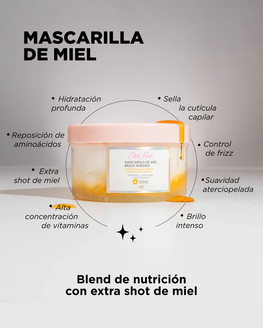 Click Hair Honey Mask Intense Shine | Mascarilla De Miel Brillo Intenso Extracto De Miel Colombia (10.1oz - 300ml)