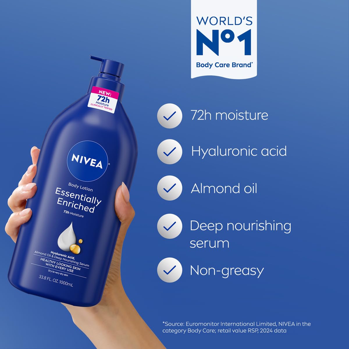 NIVEA Essentially Enriched Body Lotion for Very Dry Skin with Hyaluronic Acid, Almond Oil and Deep Nourishing Serum, 72-Hour Body Moisturizer, 33.8 Fl Beauty & Personal Care NIVEA