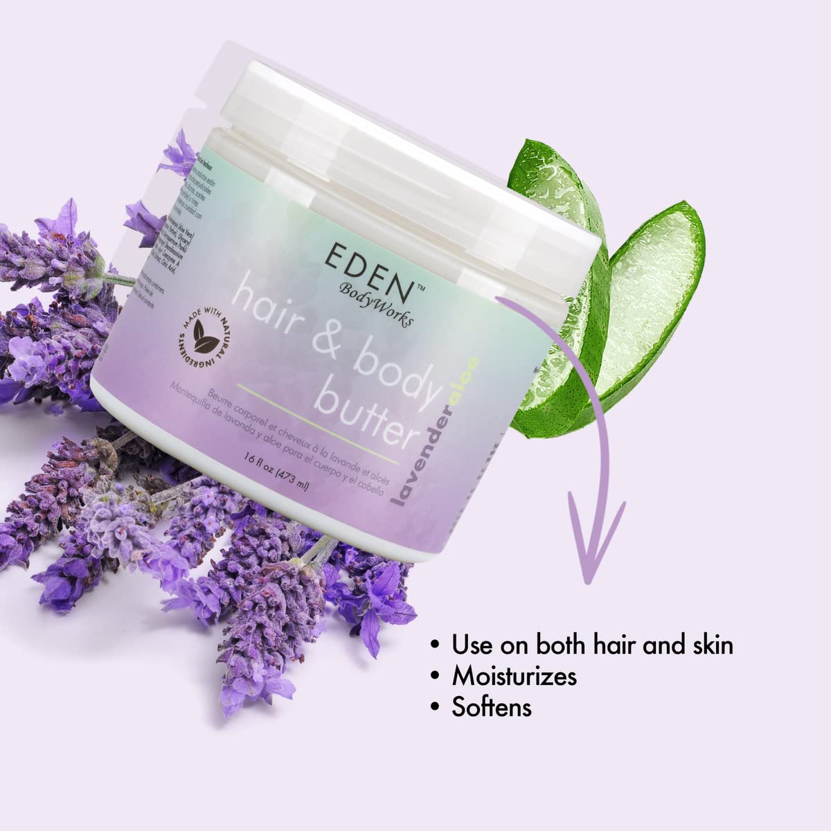 EDEN BodyWorks Lavender Aloe Hair + Body Butter (16 oz) - Natural Moisturizer - Hydrate, Calm and Soothe Hair & Skin Beauty & Personal Care EDEN BodyWorks