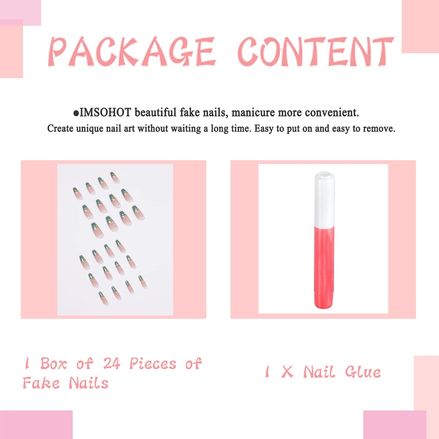 IMSOHOT Glossy Flower Press on Nails Medium Length Green Coffin Fake Nails French Cute False Nails Ballerina Glue on Nails for Women and Girls Beauty & Personal Care IMSOHOT