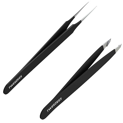Tweezees Precision Black Stainless Steel Tweezers | Professional Slant Tip & Splinter Tip Tweezer For Eyebrows | Extra Sharp Hair Removal Tool | Beauty & Personal Care Tweezees