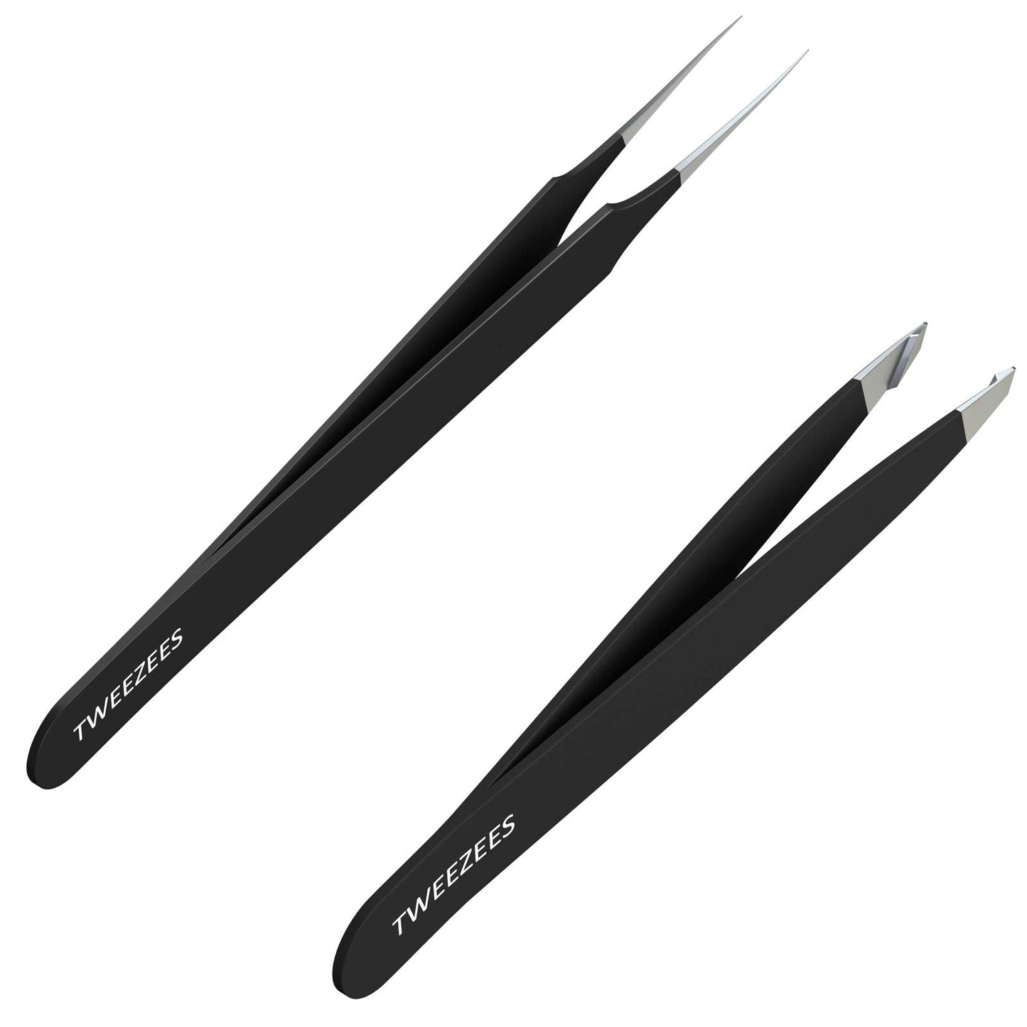 Tweezees Precision Black Stainless Steel Tweezers | Professional Slant Tip & Splinter Tip Tweezer For Eyebrows | Extra Sharp Hair Removal Tool | Beauty & Personal Care Tweezees