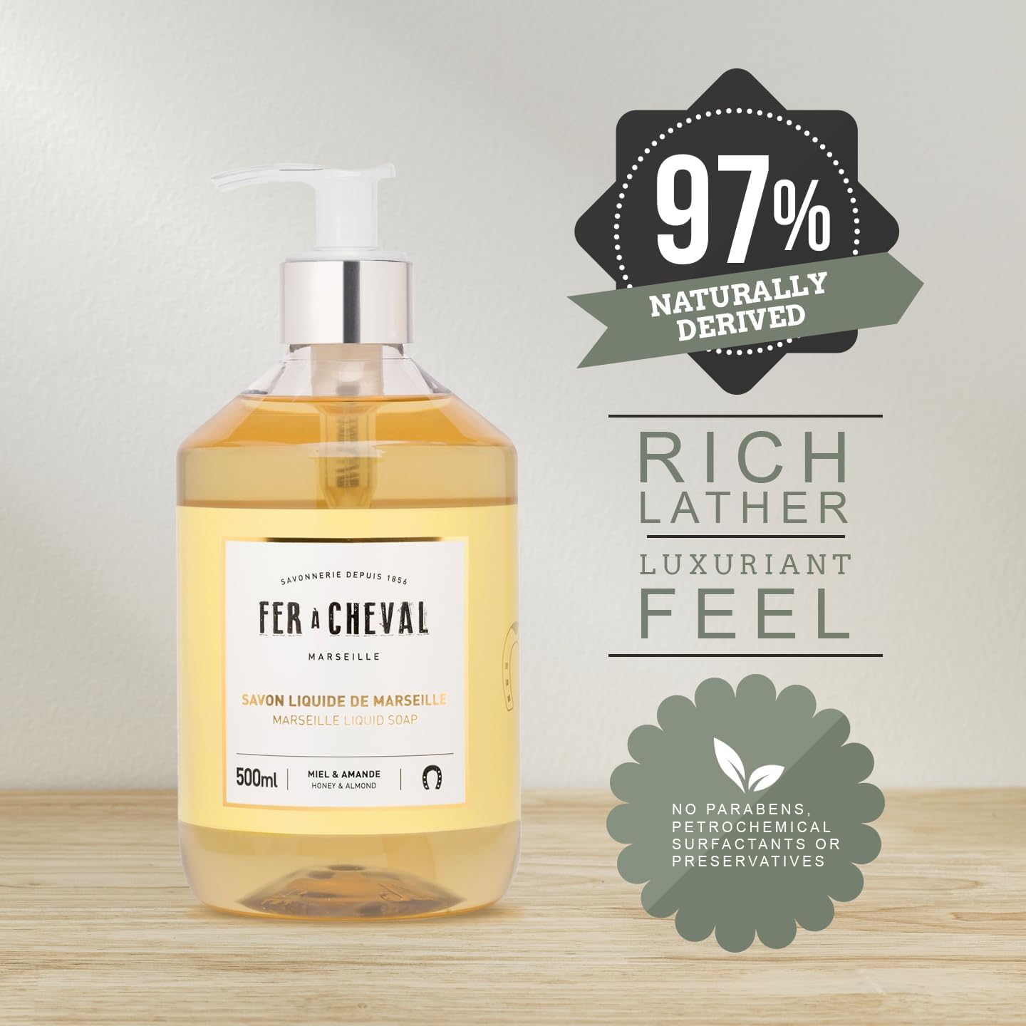 Fer à Cheval Honey & Almond Nourishing Liquid Soap - Natural Almond & Coconut Oil Blend, Ultra Gentle & Moisturizing, Eco-Conscious - Set of 2, 500ml Beauty & Personal Care Fer à Cheval
