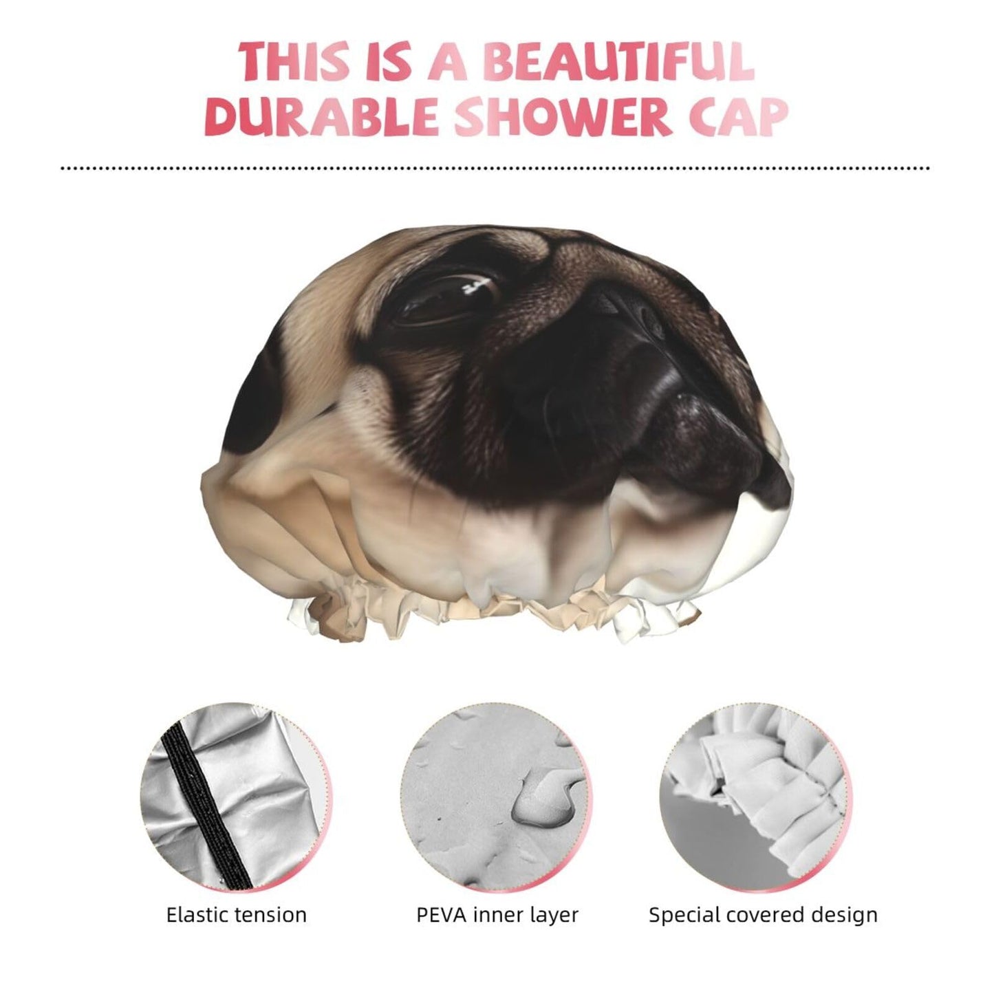 Pug Dog Shower Cap for Women Men Large Reusable Shower Bonnet Double-Layer Waterproof Bath Caps Elastic Band Hair Hat for All Hairstyles Beauty and Personal Care BWLHJKE