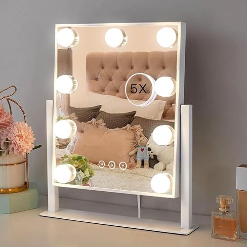 HIEEY Hollywood Vanity Mirror with Lights, Makeup 9 Dimmable Bulbs Three Color Lighting Modes, and 5X Magnification Mirror, Smart Touch Control Beauty & Personal Care HIEEY