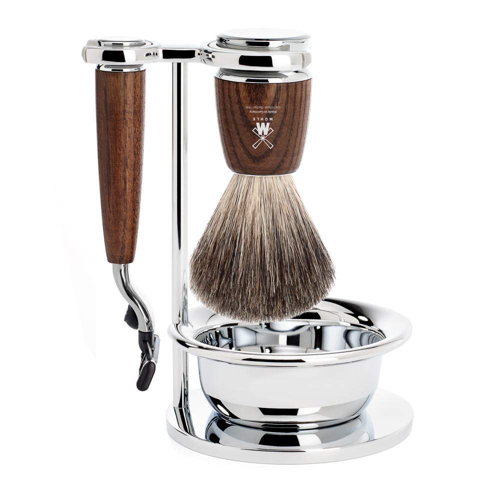 MÜHLE RYTMO Steamed Ash 4-Piece Pure Badger 3-Blade Razor Modern Luxury Wet Shaving Set - Perfect for Every Day Use, Barbershop Quality Close Smooth Beauty and Personal Care MÜHLE