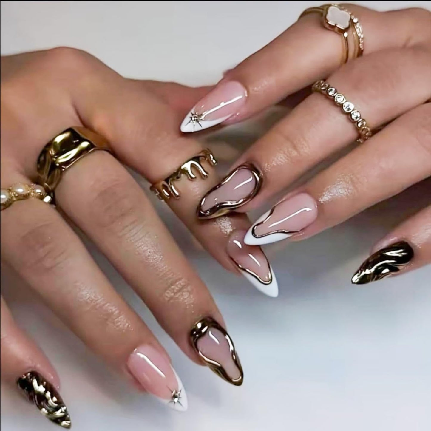 Medium Almond Press on Nails French Tips Nails Press on with 5D Star Charm Design Glossy Gold Lines Glue on Nails Metallic Golden Fake Nail Full Cover Beauty and Personal Care BLGTGH Default Title