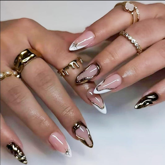 Medium Almond Press on Nails French Tips Nails Press on with 5D Star Charm Design Glossy Gold Lines Glue on Nails Metallic Golden Fake Nail Full Cover Beauty and Personal Care BLGTGH Default Title