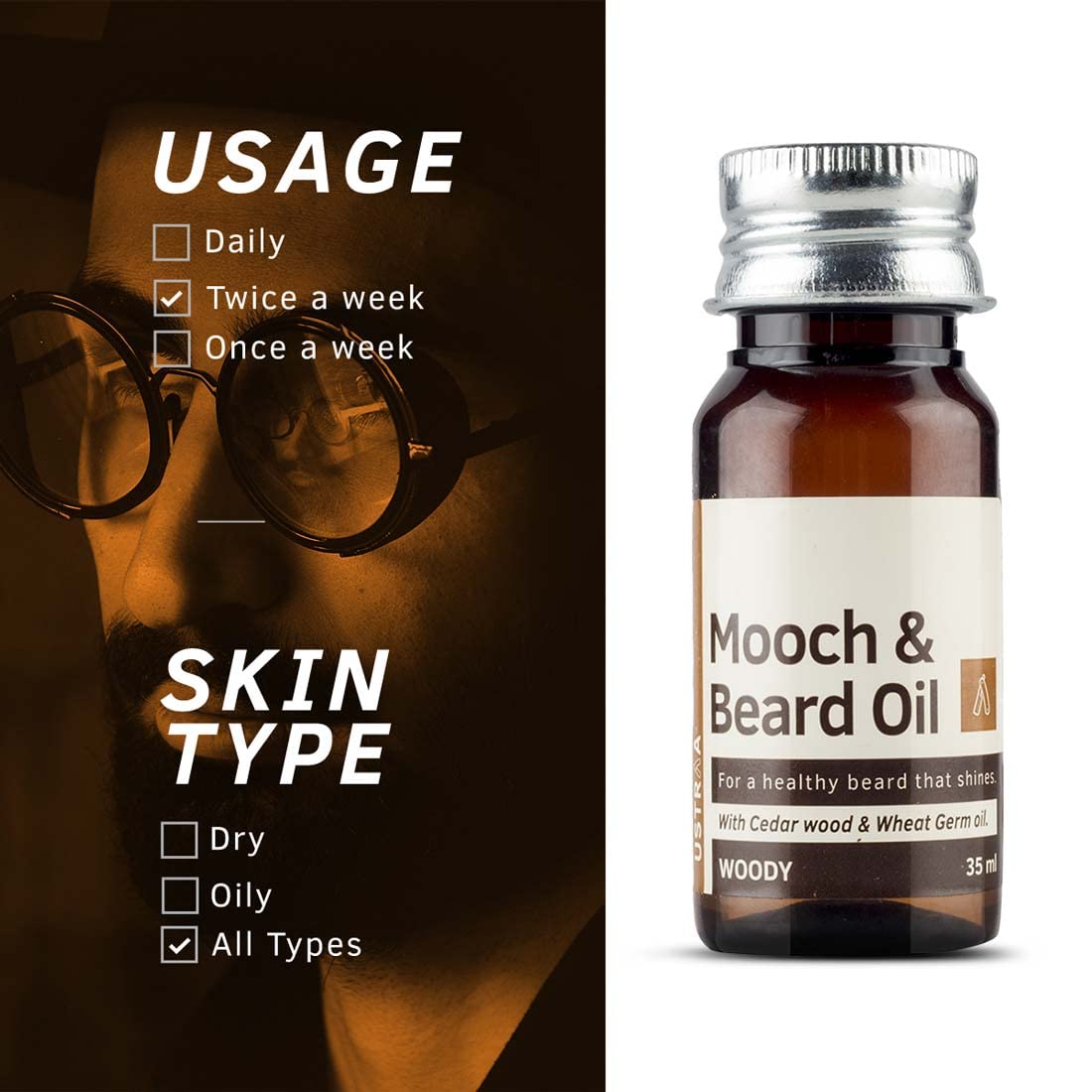Ustraa Woody Mooch and Beard Oil - 35ml - Shine, Nourishment & Pleasant Fragrance for beard - No Paraben - Cedar Wood Essential Oil & Wheat Germ Oil Beauty and Personal Care Ustraa