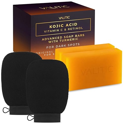 VALITIC 2 Pack Kojic Acid Vitamin C & Retinol Soap Bars for Dark Spot Bundle with 2 Black Exfoliating Gloves for Body Scrubs Beauty & Personal Care VALITIC