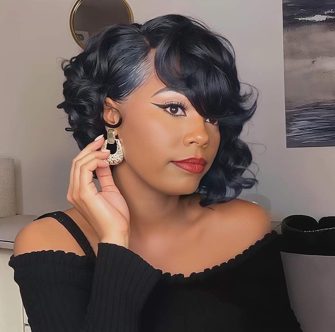 Nicelatus Synthetic Curly Wigs for Black Women Shoulder Lenght Bob Hairstyles Black Bob Hair Wig Afro Curly Hairstyles (Nicelatus 9516)