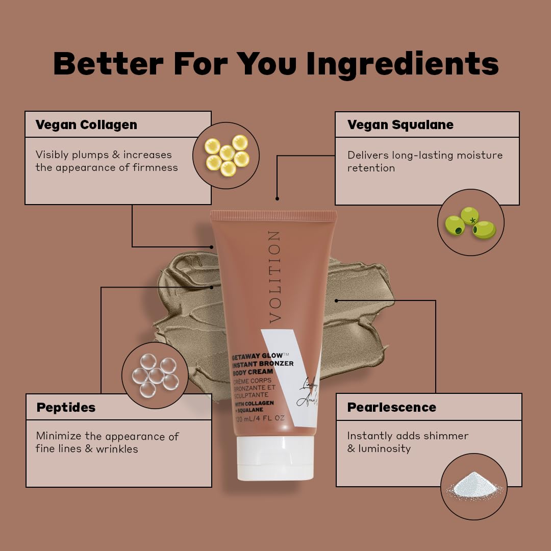 Volition Beauty Getaway Glow Instant Bronzer Sculpting Body Cream with Vegan Collagen + Squalane | Instant Shimmer & Luminizing Effect | Visibly Beauty & Personal Care Volition