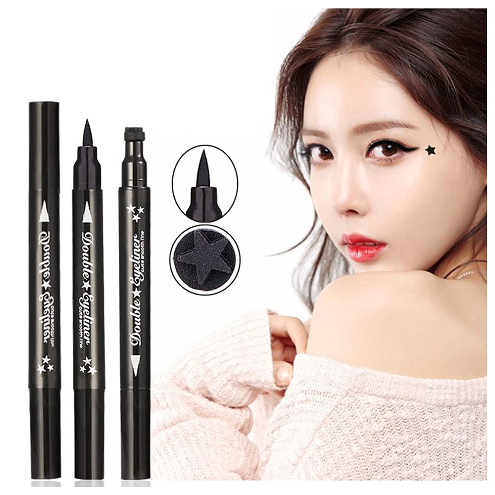 Pinkiou 2 in 1 Double-headed Liquid Eyeliner Pen Stamp Super Slim Gel Felt Tip High Pigment Black Waterproof Smudgeproof Long Lasting Tattoo Makeup… Beauty & Personal Care Pinkiou