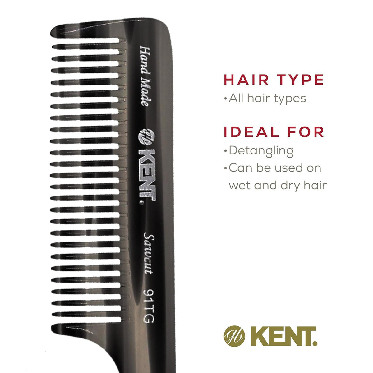 Kent 91T Black Graphite Wide Tooth Detangler Hair Comb for Curly and Wavy Hair - for Women and Men, Large Handle Shower Comb for Effective Detangling