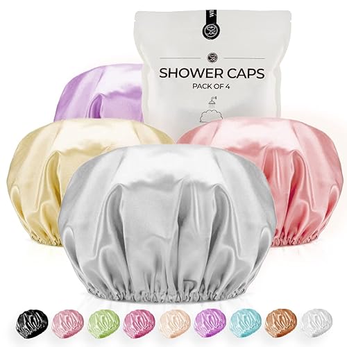 Shower Cap for Women Reusable Extra Large Shower Caps for Men Satin Double Layer EVA Waterproof Long Hair Caps(Silver Gray, Orchid, Gold, Pink 4 Pack) Beauty & Personal Care WhaleLife