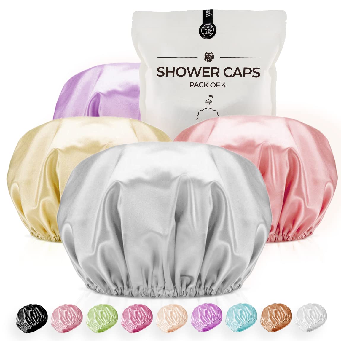 Shower Cap for Women Reusable Extra Large Shower Caps for Men Satin Double Layer EVA Waterproof Long Hair Caps(Silver Gray, Orchid, Gold, Pink 4 Pack) Beauty & Personal Care WhaleLife