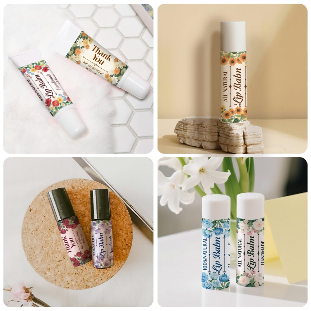 Peacoblue 160Pcs Lip Balm Labels Sticker for Tubes 2.1"x1.7" Flowers with Words, 8 Styles Waterproof Chapstick Labels Glossy for Homemade Lip Balm Beauty and Personal Care peacoblue