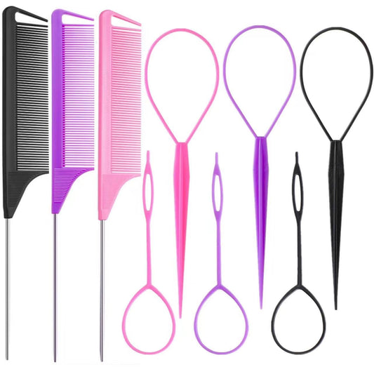 Luumxai 9pcs Topsy Hair Tail Tool and rat tail comb set,6pcs French Braiding Tool ring,3Pcs Metal Parting Combs,Woman Girl Hair Styling (Pink,Purple Beauty and Personal Care Luumxai Default Title