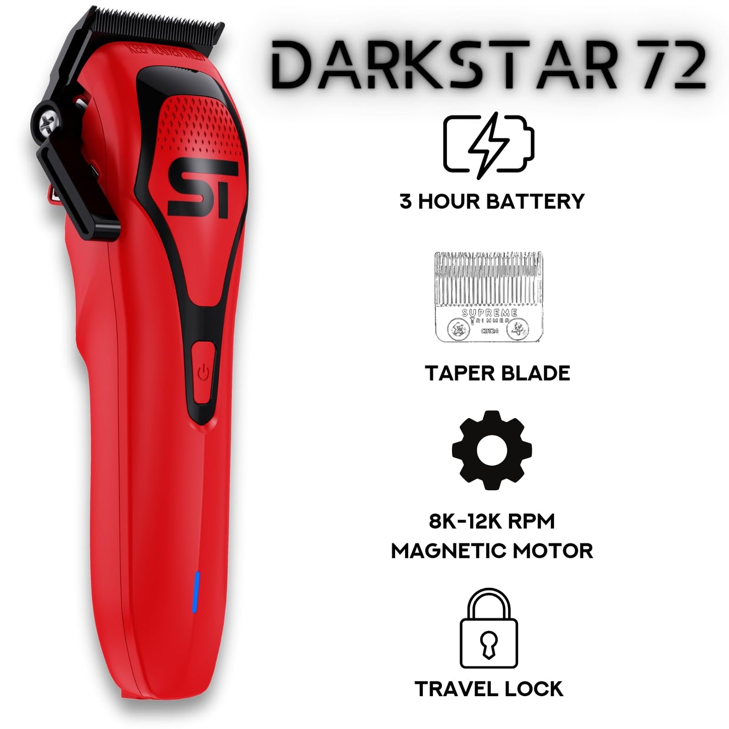 Supreme Trimmer Darkstar 72 Clipper with Magnetic Vector Motor - 180 Min Run Time, 9000 RPM Barber Hair Clipper - Low Noise, Professional Clipper DLC Beauty and Personal Care Supreme Trimmer