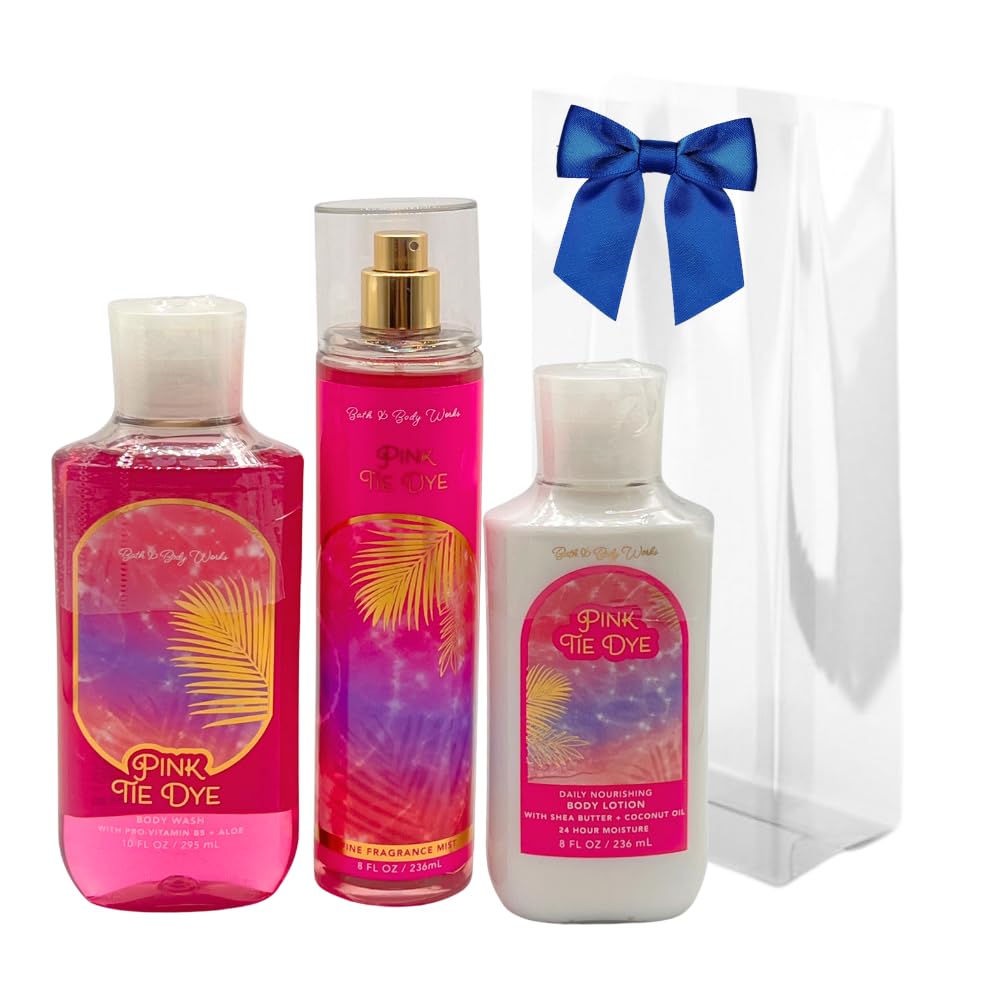 Bath & Body Works PINK TIE DYE - 3pc Bundle - Fine Fragrance Mist, Body Lotion, and Shower Gel Gift set with a Blue Bow for Holidays - LIMITED EDITION Beauty and Personal Care Bath & Body Works