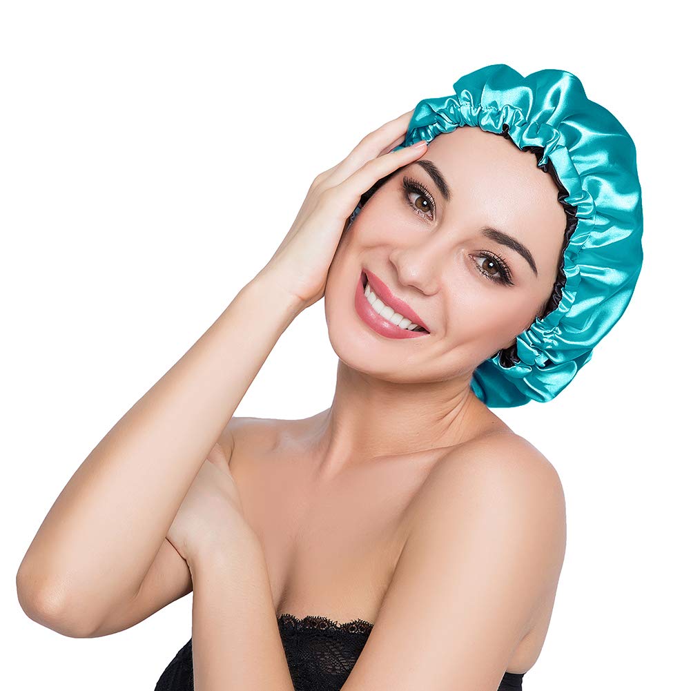 ELIHAIR Stain Bonnet Silky Sleep Cap Adjustable Satin Cap for Night Sleeping Hair Bonnet Reversible Double Layer Peacock Blue/Black Beauty & Personal Care ELIHAIR