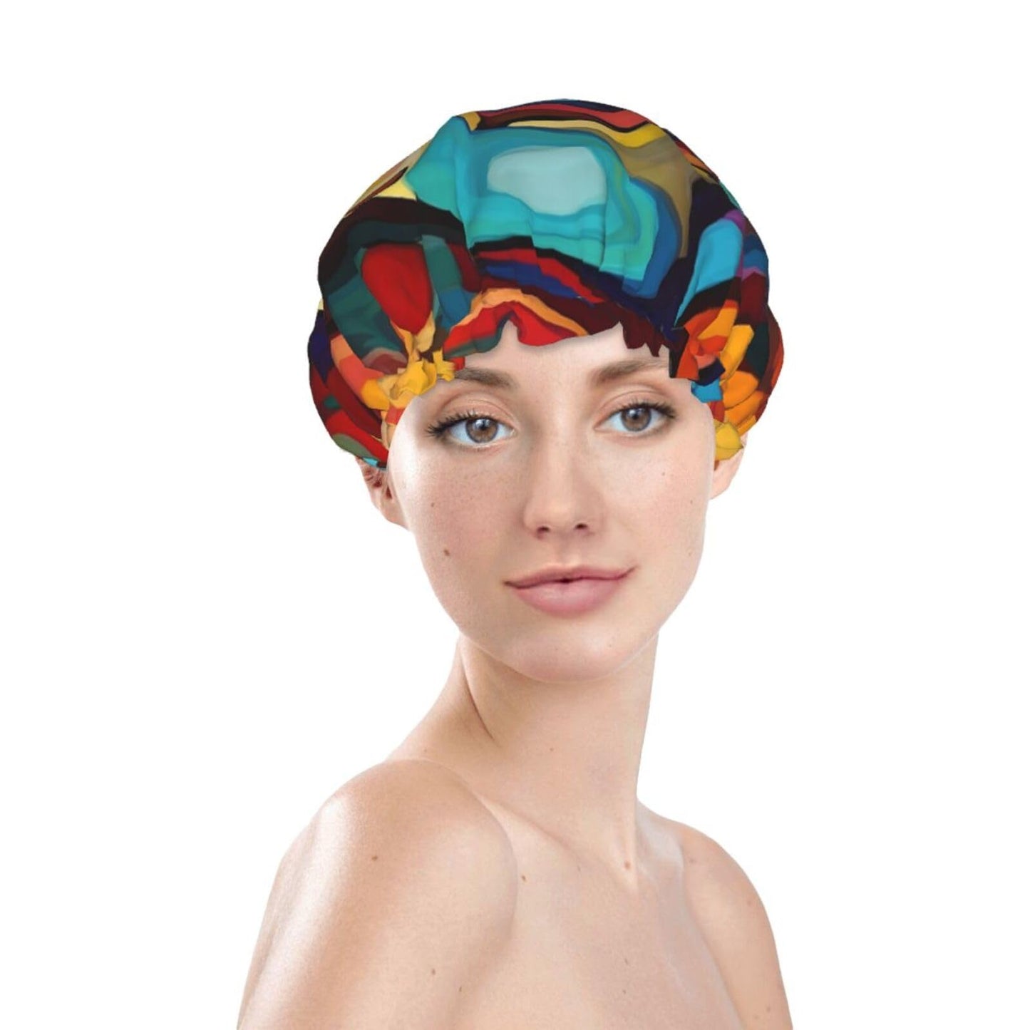Abstract Colored Woman Face Shower Cap For Women Reusable Double Layers Bathing Bath Cap Hair Caps Waterproof Elastic Band Ladies Spa Salon Shower Hat Beauty and Personal Care GDSHJKLW