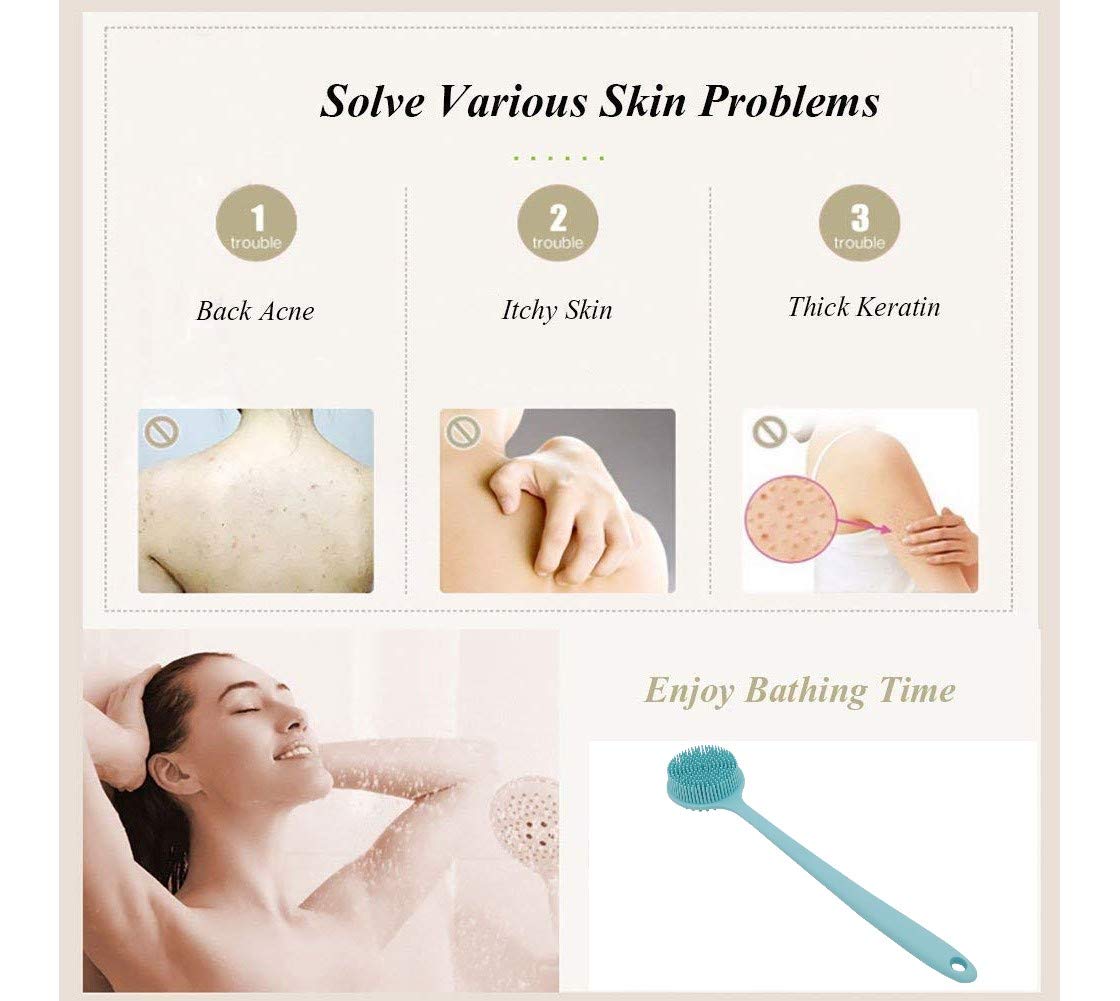 Long Handle Silicone Body Scrubber for Shower, Dual-Sided Back Scrubber Brush with Soft Bristles&Massage Nodes, Exfoliating Bath Brush for Hard Beauty and Personal Care Cinlitek