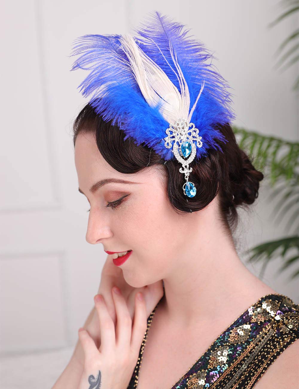Aimimier 1920s Flapper Feather Hair Clip Blue Crystal Teardrop Feather Headpiece Prom Party Roaring 20s Hair Jewelry for Women and Girls (Style 2) Beauty & Personal Care Aimimier