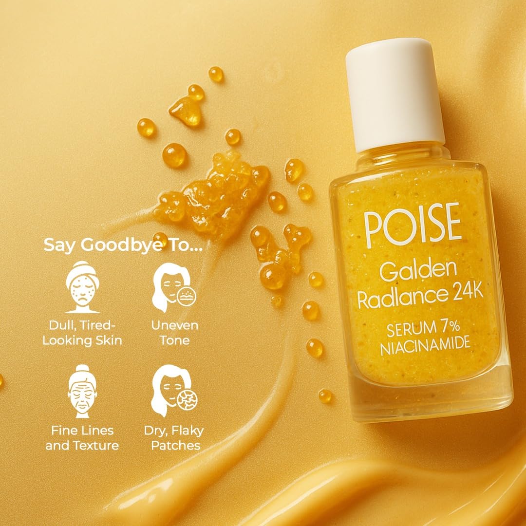POISE COSMETICS 24K Golden Radiance Serum, Niacinamide and Vitamin C Serum for Vibrancy and Hydration, Helps Even Skin Tone for a Youthful Glow (0.5 Beauty & Personal Care POISE COSMETICS