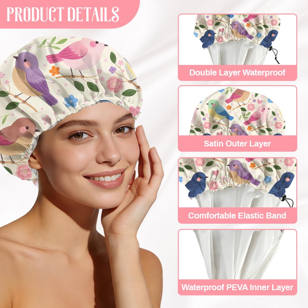 DELORIGIN Bohemian Birds Flowers Reusable Shower Cap Cute Double Layer Waterproof Shower Caps Large Elastic Hair Cover Adjustable Hair - Drying Caps Beauty and Personal Care DELORIGIN