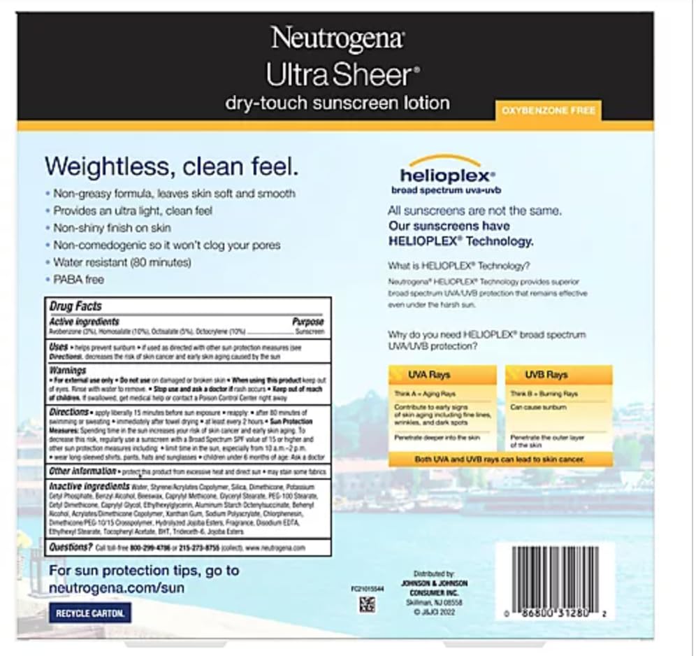 Neutrogena Ultra Sheer Dry-Touch Sunscreen Lotion, Broad Spectrum SPF 55 UVA/UVB Protection, Lightweight Water Resistant Face & Body Sunscreen Beauty & Personal Care Neutrogena