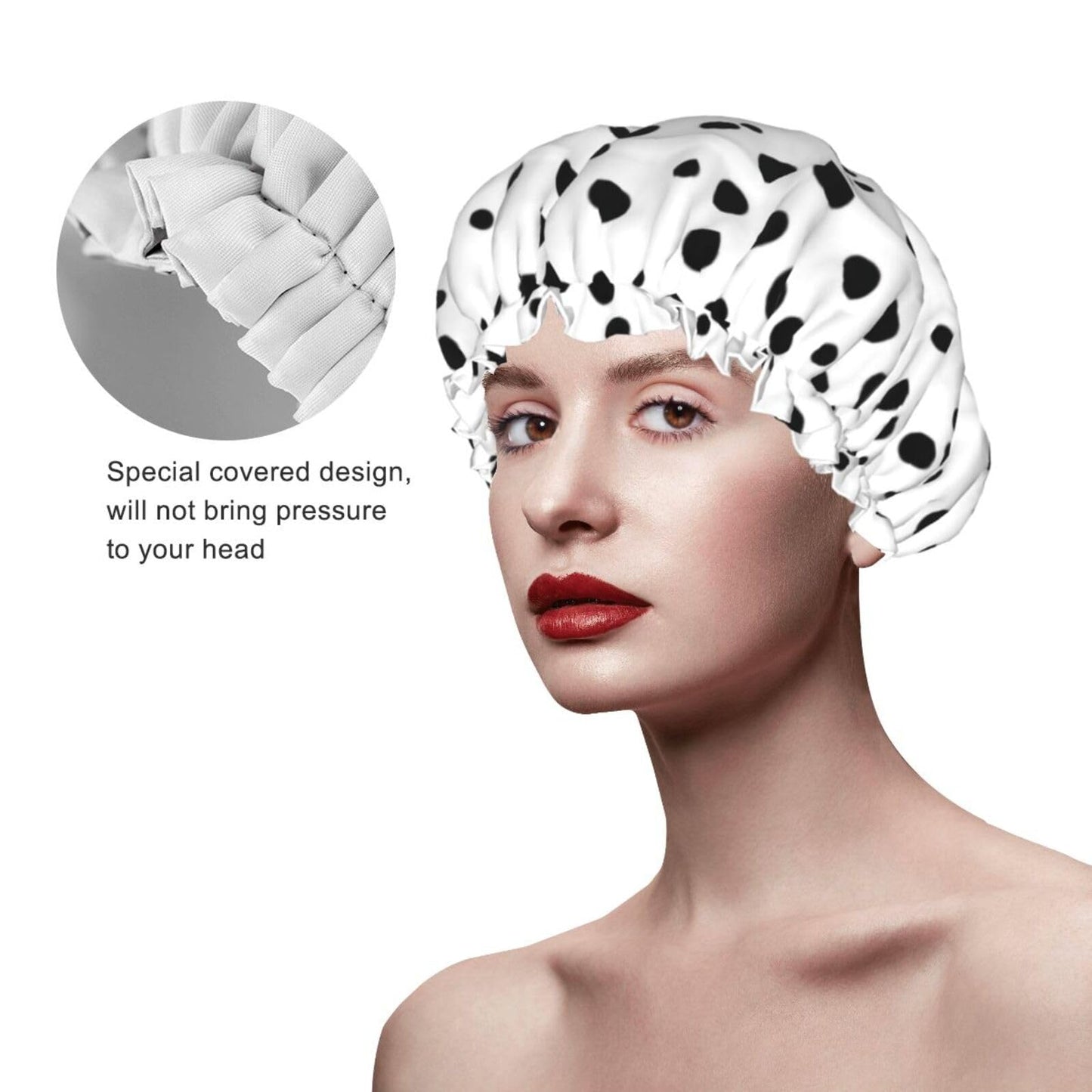MYGANN Black And White Polka Dot Reusable Double Layer Waterproof Shower Cap With Elastic Cord For Home Cleaning Facial Care Shower Beauty and Personal Care MYGANN