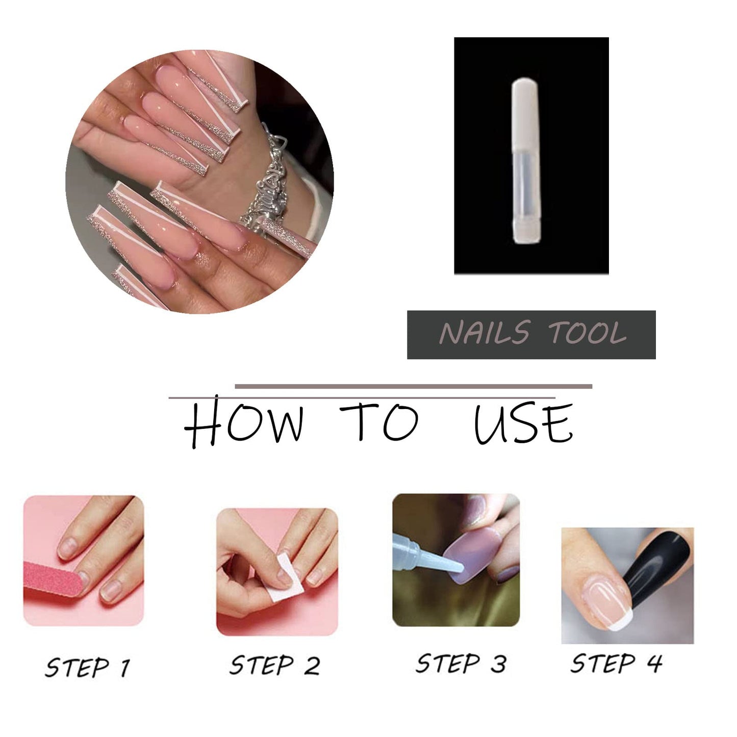 MISUD Press on Nails - Long Coffin Fake Nails with Pink, Acrylic Bling Glitter Design 24 pcs Beauty & Personal Care MISUD