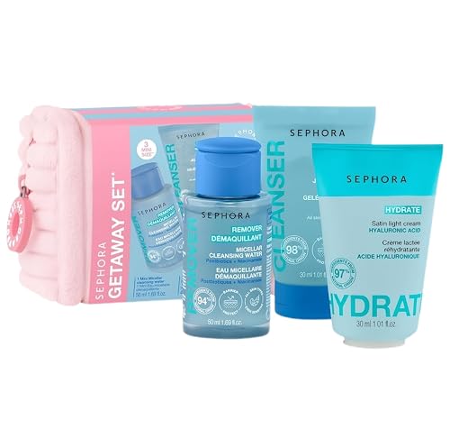 Sephora Collection Getaway Mini Essentials Set with Pouch - Satin Cream, Micellar Water & Jelly Cleanser - Travel Size Skincare Beauty & Personal Care SEPHORA