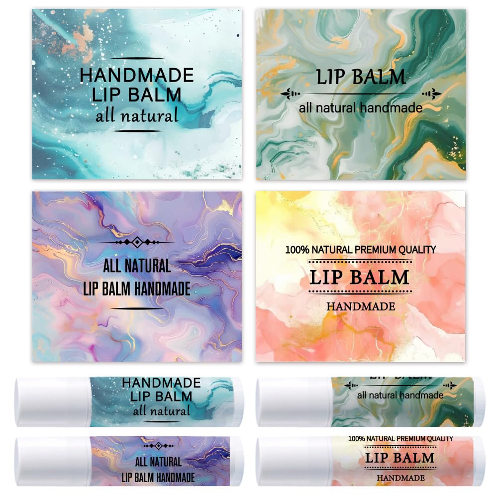 OLYCRAFT 100Pcs Self-Adhesive Lip Balm Tag Stickers 2.1x1.7 inch Waterproof Adhesive Label with Marble Texture Rectangle Lipstick Tag Sticker for Lip Beauty and Personal Care OLYCRAFT