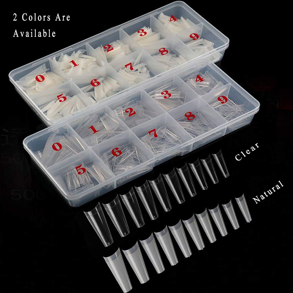 Natural Coffin Acrylic Nails-500pcs Half Cover Nails Coffin Shaped Ballerina Nails Tips Long Acrylic False Fake Nail Artificial, 10 Size with Box Beauty & Personal Care AM RONG MAGIC