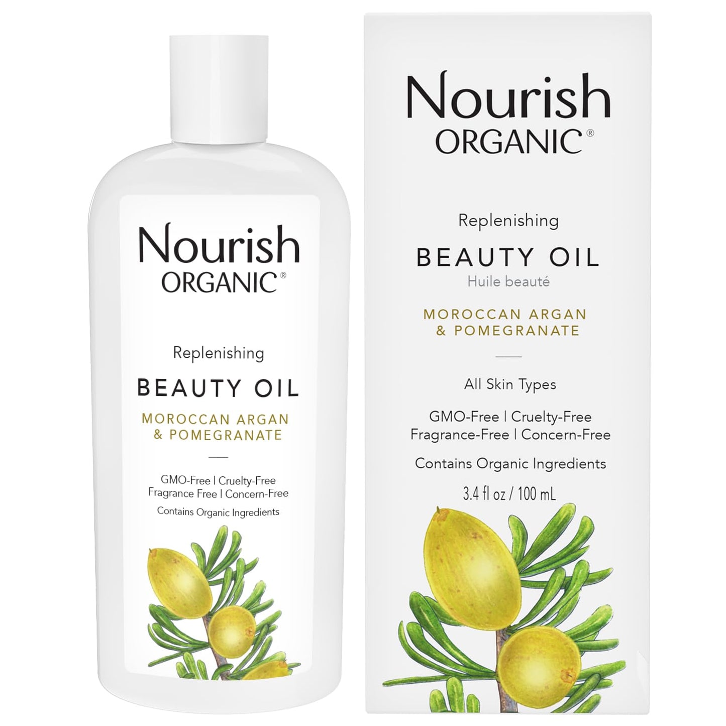 Nourish Organic Beauty Oil - Replenishing Body Oil with Moroccan Argan Oil, Pomegranate, Rosehip Oil & Vitamin E, 3.4 Oz + Washable Cotton Round. Beauty & Personal Care Nourish Organic
