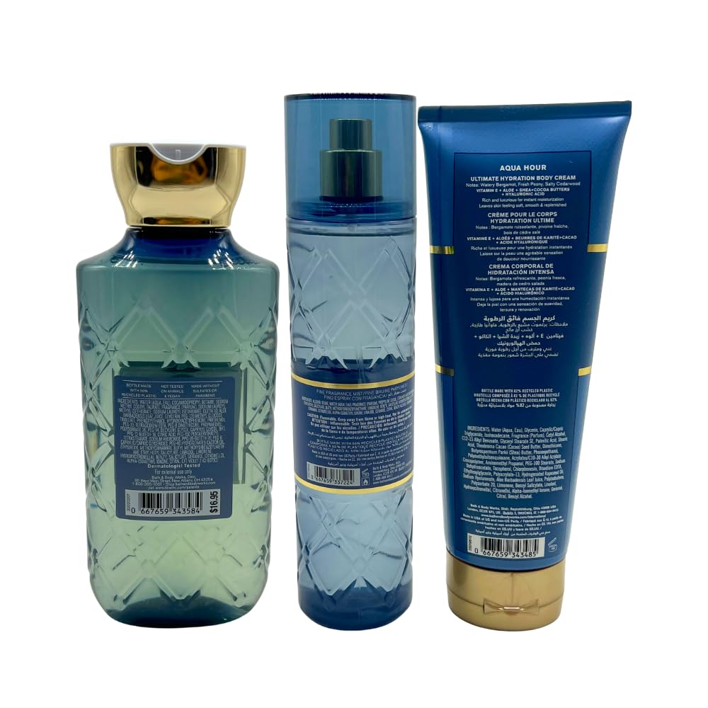 Bath & Body Works AQUA HOUR Fine Fragrance Mist, Ultimate Hydration Body Cream & Body Wash 3-piece Gift Set with a Red Bow for Holidays - Full Size Beauty and Personal Care Bath & Body Works
