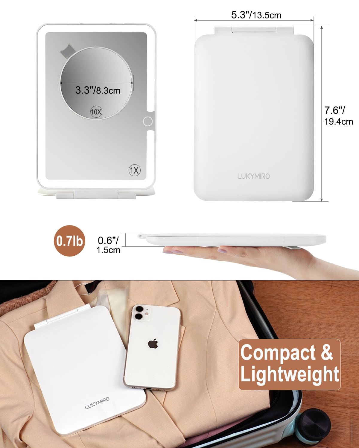 LUKYMIRO Rechargeable Travel Makeup Mirror with Lights, Portable Lighted Regular Mirror with Small 10X Magnification, 70 LEDs 3 Color Dimmable Beauty & Personal Care LUKYMIRO