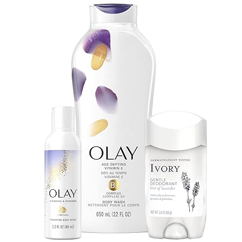 Holiday Gift Pack: Olay Age Defying Body Wash with Vitamin E, 22 fl oz, Olay Cleansing & Renewing Nighttime Body Wash, 3 oz & Ivory Gentle Aluminum Beauty & Personal Care Olay