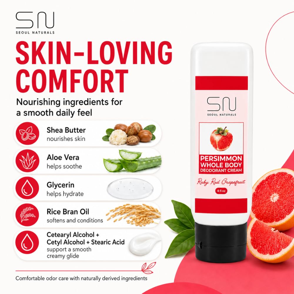 Seoul Naturals Persimmon Whole Body Deodorant Cream, Ruby Red Grapefruit Scented, Eliminates Nonenal Odors, k beauty inspired, 4fl oz Beauty and Personal Care Seoul Naturals