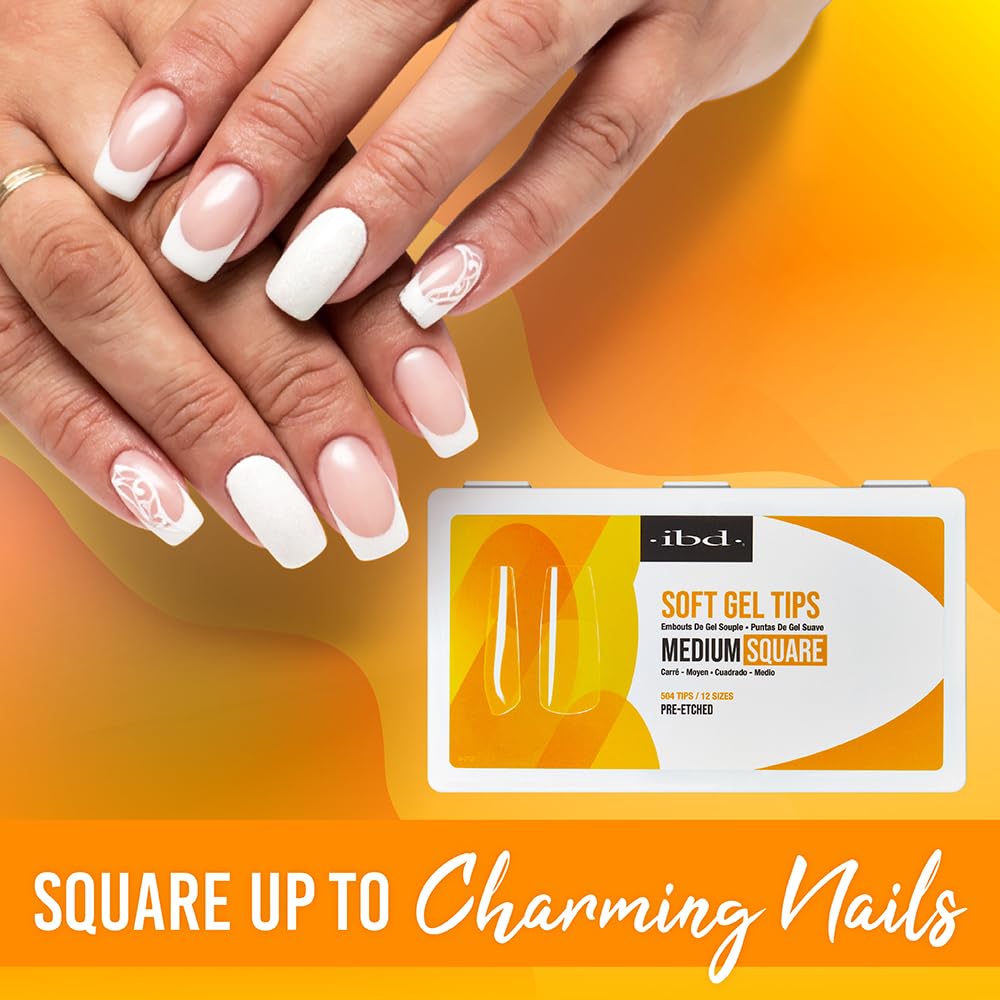 IBD Clear Soft Gel Nail Tips - Pre-Etched Medium Square Full Cover Press On Nails Extensions for Gel & Acrylic, Salon & Home DIY Manicure, 504 Pcs 12