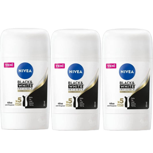 NIVEA NEW STICK BLACK WHITE INVISIBLE STICK DEODORANT 50 ML - THINY APPEARANCE-ANTI-TRANSPIRANT-ERGONOMIC DESIGN-SOLID STICK- (PACK OF 3x50 ML) Beauty and Personal Care NIVEA
