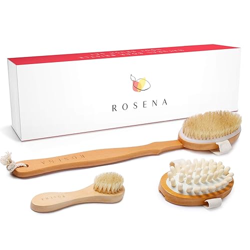 Dry Brushing Body Brush Set - Natural Bristle Spa Exfoliator Kit with Face Cleansing Brush, Long Dry Brushing Body Brush for Lymphatic Drainage Beauty & Personal Care ROSENA